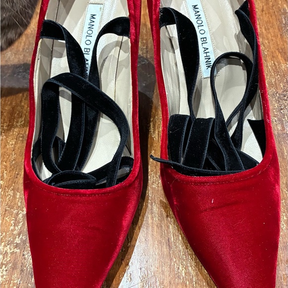 Manolo Blahnik Shoes - Manolo Blahnik Red Velvet Pointed-Toe Flats with Black Lace-Up Trim